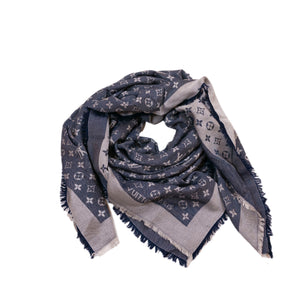 LOUIS VUITTON SILK WOOL MONOGRAM DENIM SHAWL PEARL GREY