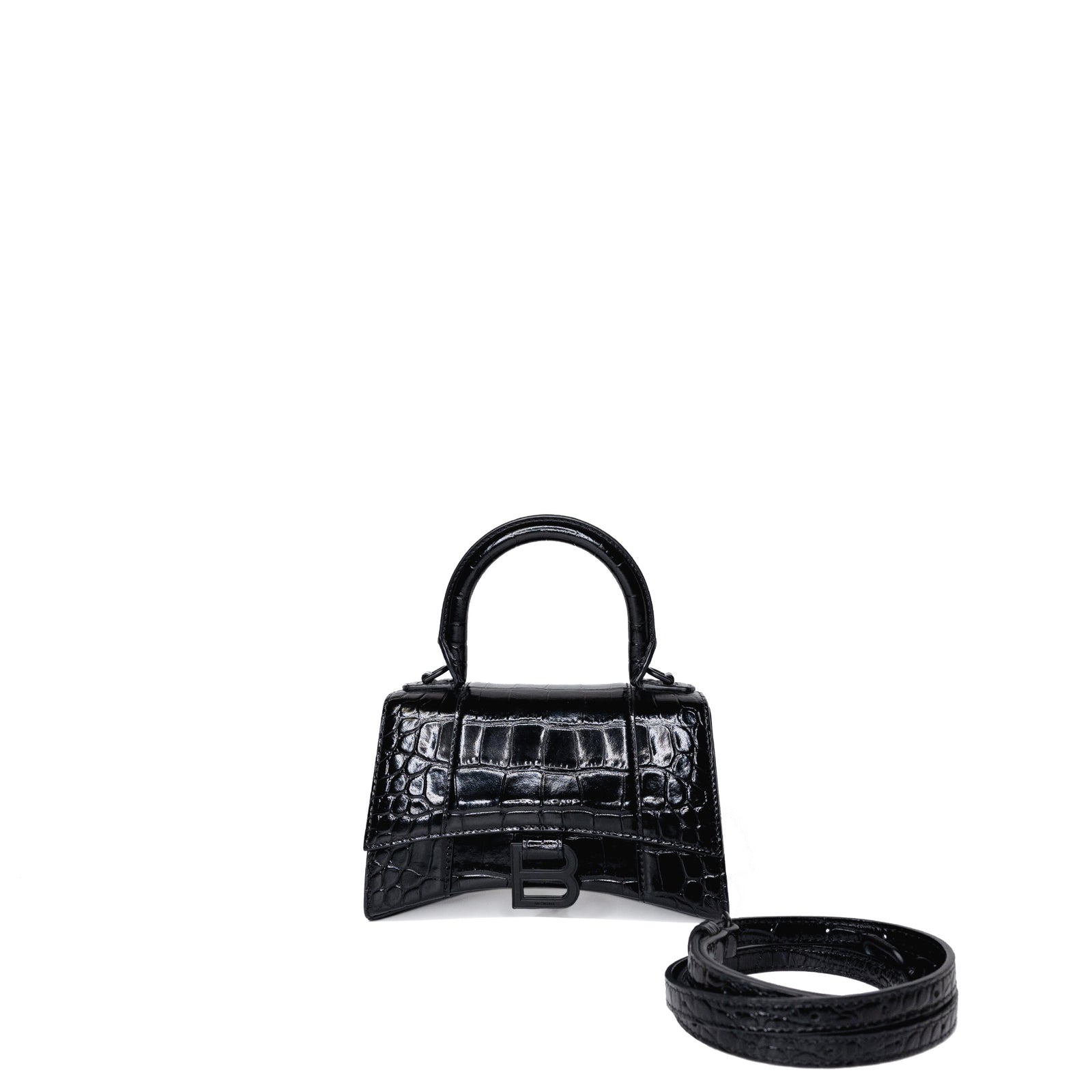 BALENCIAGA HOURGLASS BAG XS CROC-EMBOSSED CALFSKIN SO BLACK