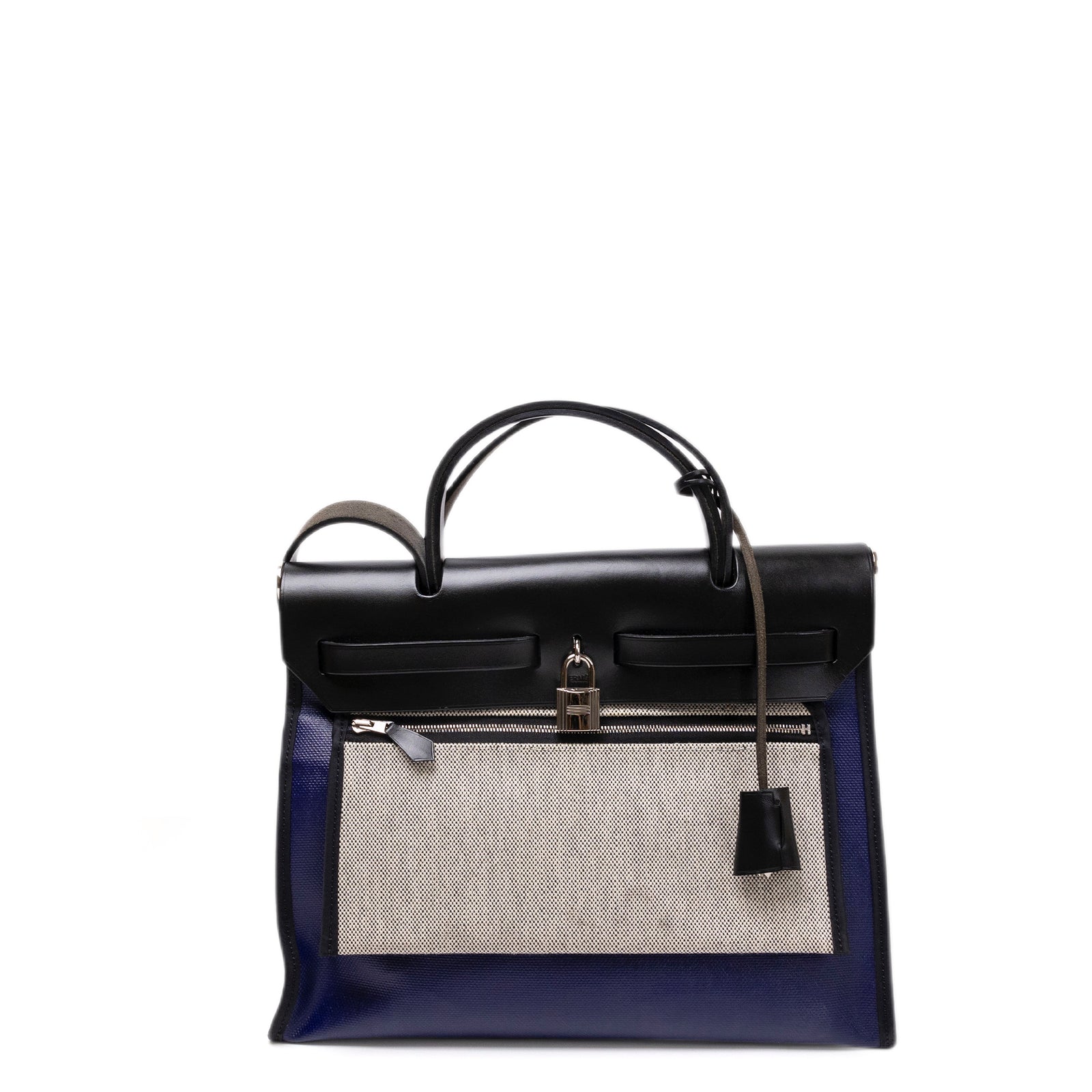 HERMES HERBAG 31 ZIP BAG TOLIE H BERLINE CANVAS / VACHE HUNTER BLUE ENCRE / BLACK SHW STAMP C