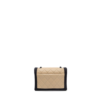 CHANEL SMALL QUILTED LAMBSKIN GROSGRAIN TWO TONE FLAP SHOULDER BAG TAN BLACK HARDWARE