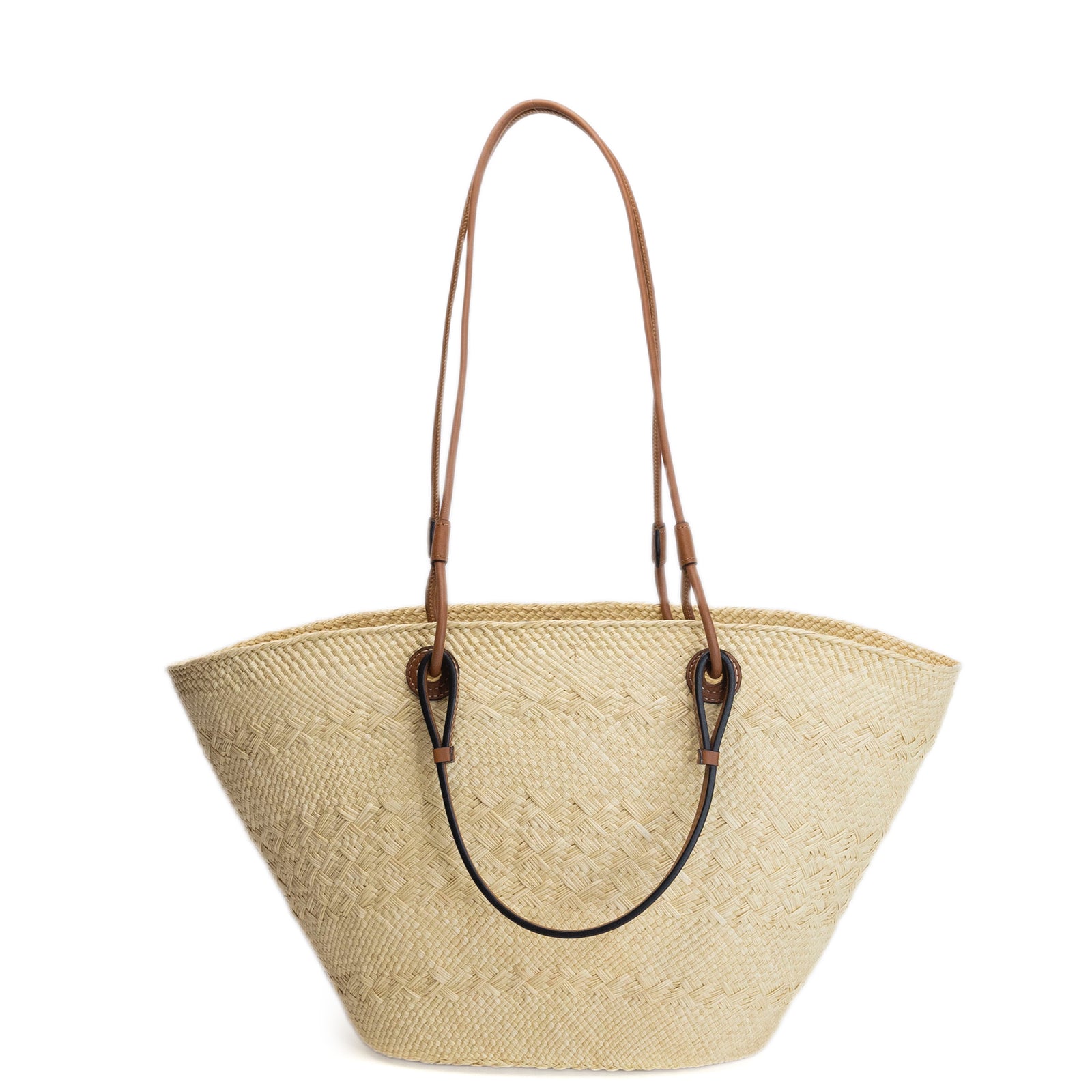 LOEWE MEDIUM ANAGRAM BASKET TOTE BAG IN IRACA PALM AND CALFSKIN NATURAL / TAN