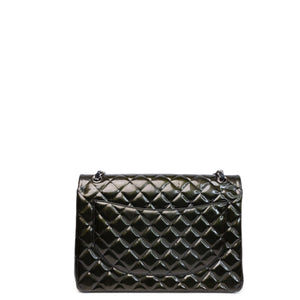 CHANEL MAXI CLASSIC DOUBLE FLAP BAG OLIVE GREEN QUILTED PATENT LEATHER SHW