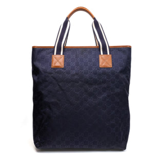 GUCCI TOTE BAG ZIPPER GG PATTERN HANDBAG NAVY NYLON LEATHER