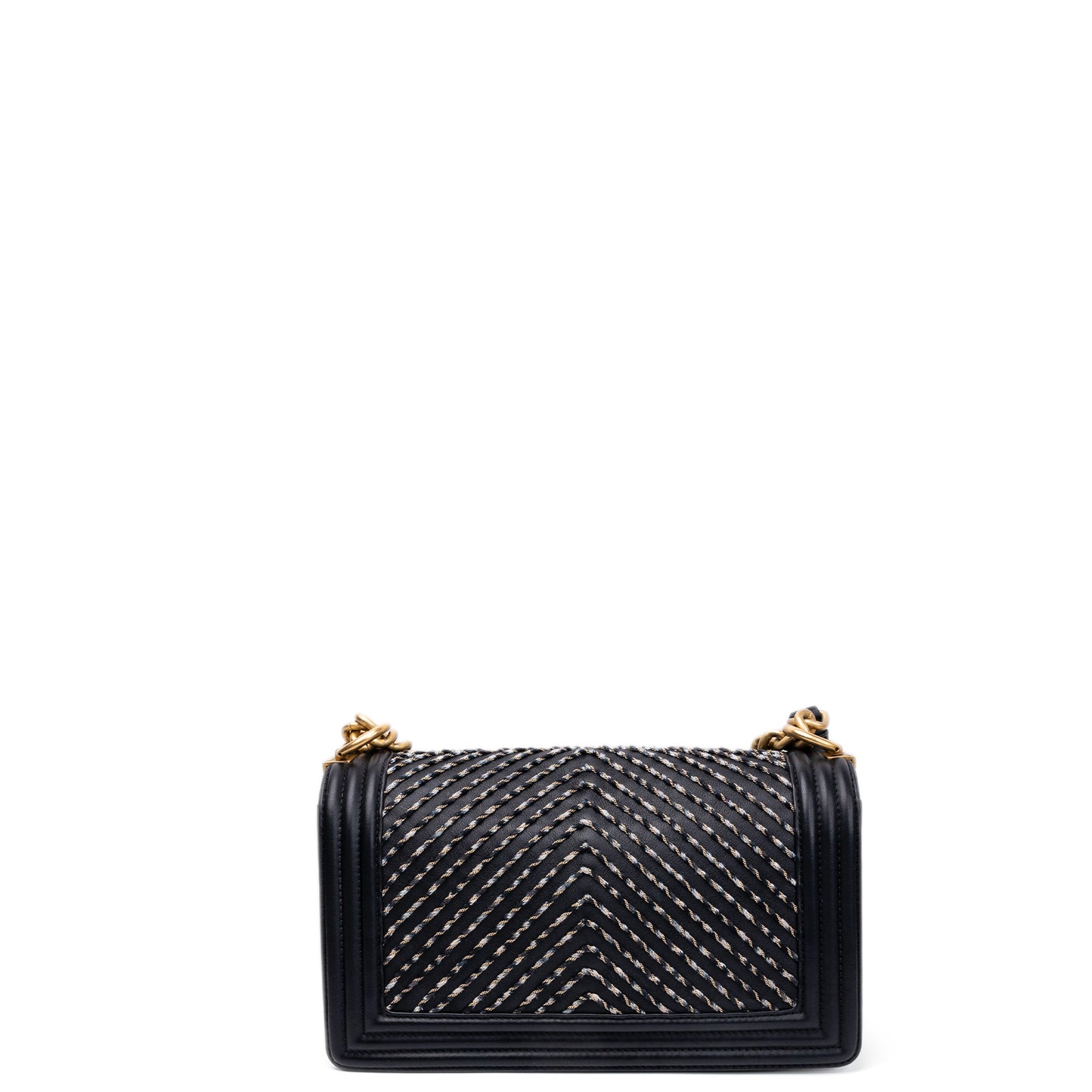 CHANEL MEDIUM LE BOY BRAIDED CHAIN BAG BLACK CALFSKIN LEATHER GHW