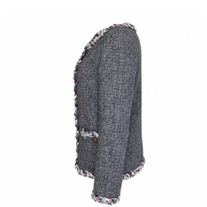 CHANEL 2010S BOUCLE-KNIT WOOL JACKET GREY SIZE 36