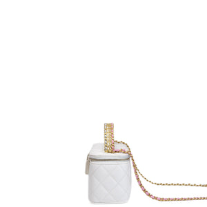 CHANEL TOP HANDLE LONG VANITY CASE WITH CHAIN WHITE LAMBSKIN GHW