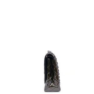 CHANEL MAXI CLASSIC DOUBLE FLAP BAG OLIVE GREEN QUILTED PATENT LEATHER SHW