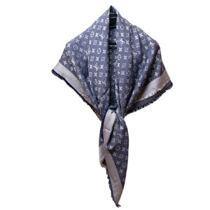 LOUIS VUITTON SILK WOOL MONOGRAM DENIM SHAWL PEARL GREY