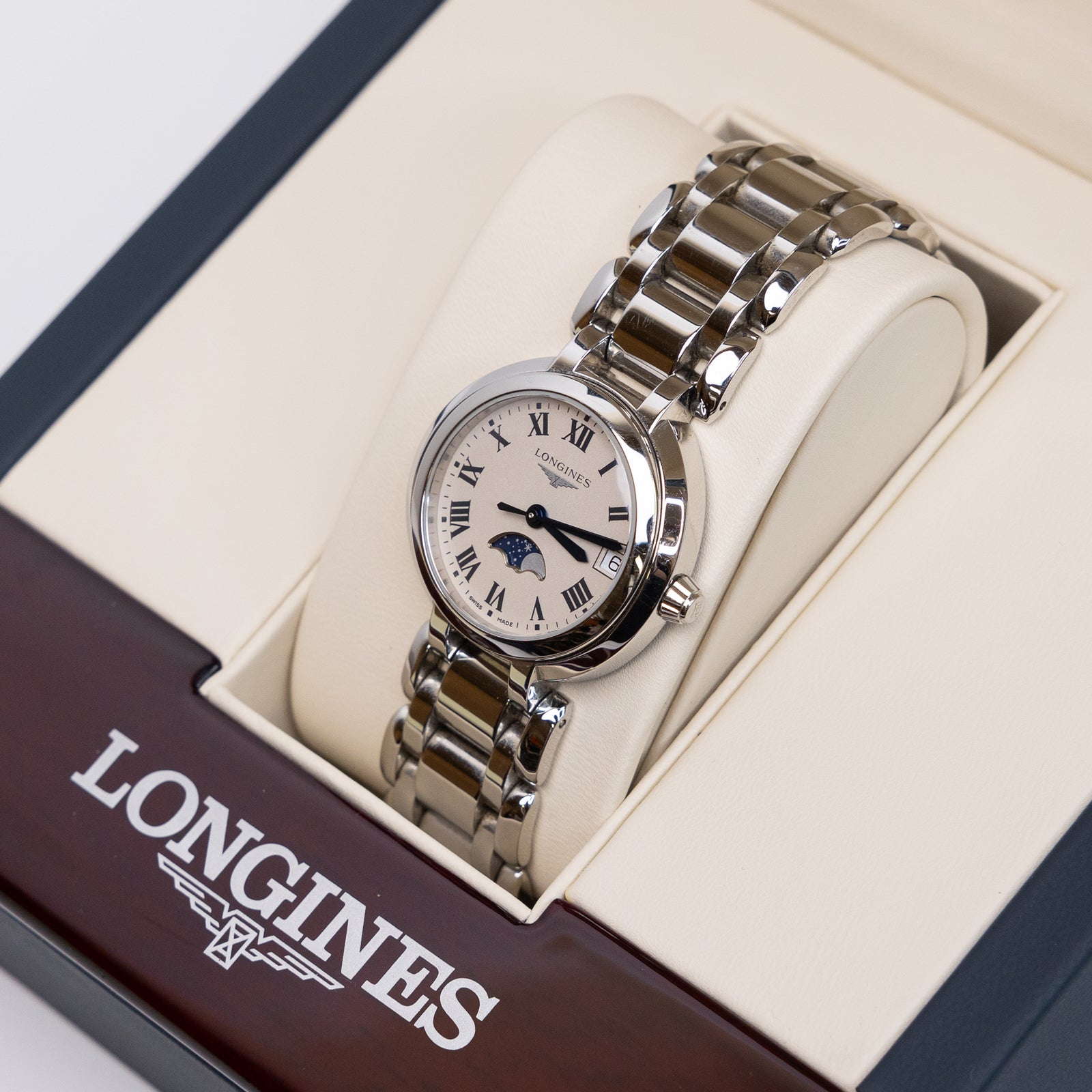 LONGINES PRIMALUNA WOMEN'S 30.5MM STAINLESS STEEL QUARTZ MOONPHASE WATCH