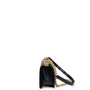 CHANEL MEDIUM LE BOY BRAIDED CHAIN BAG BLACK CALFSKIN LEATHER GHW