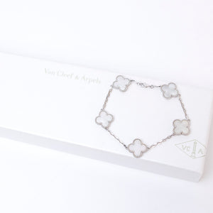 VAN CLEEF & ARPELS VINTAGE ALHAMBRA BRACELET , 5 MOTIF , 18K WHITE GOLD , MOTHER OF PEARL