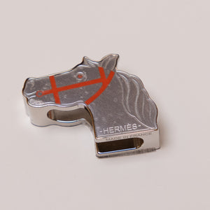 HERMES CADREJU TWILLYRING HORSE BROWN SILVER ORANGE SCARF RING
