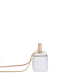 CHANEL TOP HANDLE LONG VANITY CASE WITH CHAIN WHITE LAMBSKIN GHW