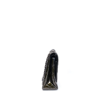 CHANEL MAXI CLASSIC DOUBLE FLAP BAG OLIVE GREEN QUILTED PATENT LEATHER SHW