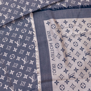 LOUIS VUITTON SILK WOOL MONOGRAM DENIM SHAWL PEARL GREY