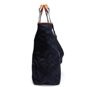 GUCCI TOTE BAG ZIPPER GG PATTERN HANDBAG NAVY NYLON LEATHER