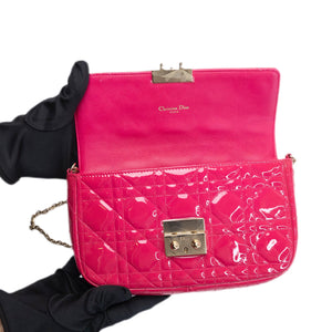 CHRISTIAN DIOR MISS DIOR PROMENADE WALLET ON CHAIN PINK CANNAGE QUILTED PATENT LEATHER GHW