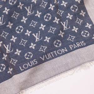 LOUIS VUITTON SILK WOOL MONOGRAM DENIM SHAWL PEARL GREY