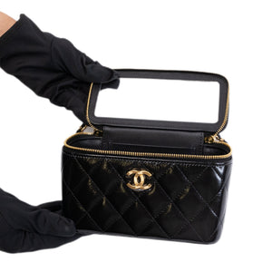 CHANEL LONG VANITY CASE BLACK SHINY CALFSKIN LEATHER GHW  (MICROCHIP)
