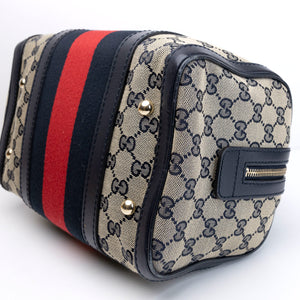 GUCCI MONOGRAM VINTAGE WEB BOSTON BAG NAVY GG CANVAS GHW
