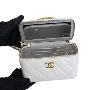 CHANEL TOP HANDLE LONG VANITY CASE WITH CHAIN WHITE LAMBSKIN GHW