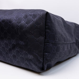 GUCCI TOTE BAG ZIPPER GG PATTERN HANDBAG NAVY NYLON LEATHER