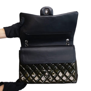 CHANEL MAXI CLASSIC DOUBLE FLAP BAG OLIVE GREEN QUILTED PATENT LEATHER SHW