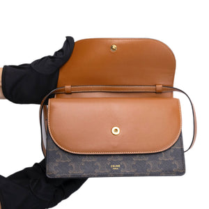 CELINE DOUBLE FLAP TRIOMPHE CANVAS WALLET ON STRAP GHW