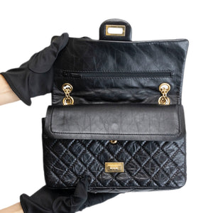 CHANEL SMALL 2.55 REISSUE DOUBLE FLAP BAG AGED CALFSKIN BLACK GHW