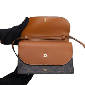 CELINE DOUBLE FLAP TRIOMPHE CANVAS WALLET ON STRAP GHW