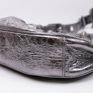 BALENCIAGA LE CAGOLE XS SHOULDER BAG ARENA CRACKED LAMBSKIN GREY SHW