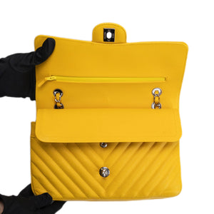 CHANEL MEDIUM CLASSIC CHEVRON DOUBLE FLAP BAG YELLOW CAVIAR SHW