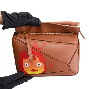 LOEWE X HOWL'S MOVING CASTLE SMALL CALCIFER PUZZLE BAG SATIN CALFSKIN TAN GHW