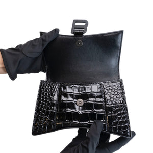 BALENCIAGA HOURGLASS BAG XS CROC-EMBOSSED CALFSKIN SO BLACK