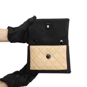 CHANEL SMALL QUILTED LAMBSKIN GROSGRAIN TWO TONE FLAP SHOULDER BAG TAN BLACK HARDWARE