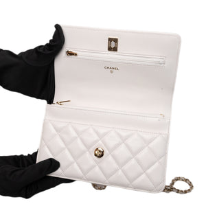CHANEL TOP HANDLE WALLET ON CHAIN WHITE LAMBSKIN LEATHER GHW (MICROCHIP)