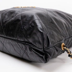 CHANEL LARGE 22 BACKPACK GOLD LETTER LOGO SHINY CALFSKIN BLACK GHW (MICROCHIP)