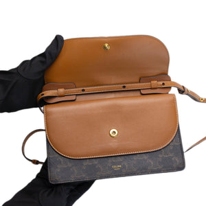 CELINE DOUBLE FLAP TRIOMPHE CANVAS WALLET ON STRAP GHW