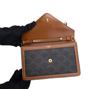 CELINE TRIOMPHE CANVAS CALFSKIN WALLET ON CHAIN TAN GHW
