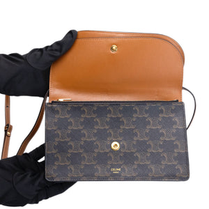 CELINE DOUBLE FLAP TRIOMPHE CANVAS WALLET ON STRAP GHW