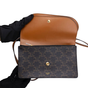 CELINE DOUBLE FLAP TRIOMPHE CANVAS WALLET ON STRAP GHW
