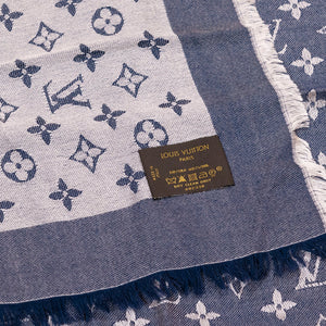 LOUIS VUITTON SILK WOOL MONOGRAM DENIM SHAWL PEARL GREY