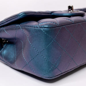CHANEL IRIDESCENT BLUE TURQUOISE MINI CLASSIC FLAP BAG RUTHENIUM HARDWARE