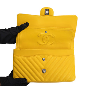 CHANEL MEDIUM CLASSIC CHEVRON DOUBLE FLAP BAG YELLOW CAVIAR SHW