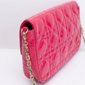 CHRISTIAN DIOR MISS DIOR PROMENADE WALLET ON CHAIN PINK CANNAGE QUILTED PATENT LEATHER GHW