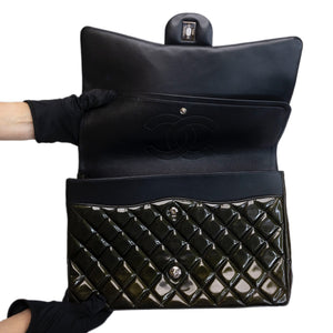 CHANEL MAXI CLASSIC DOUBLE FLAP BAG OLIVE GREEN QUILTED PATENT LEATHER SHW