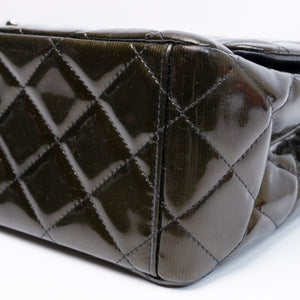 CHANEL MAXI CLASSIC DOUBLE FLAP BAG OLIVE GREEN QUILTED PATENT LEATHER SHW