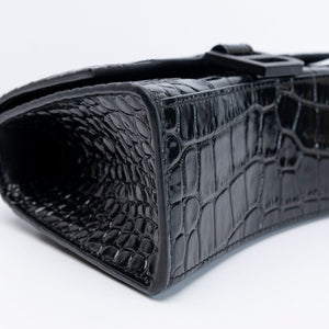 BALENCIAGA HOURGLASS BAG XS CROC-EMBOSSED CALFSKIN SO BLACK