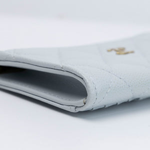 CHANEL CLASSIC ZIPPED CARD HLDER QUILTED GRAINED CALFSKIN LIGHT BLUE GHW