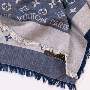 LOUIS VUITTON SILK WOOL MONOGRAM DENIM SHAWL PEARL GREY